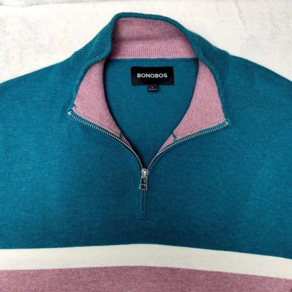 Bonobos Sweater Mens L Green 1/4 Zip Pullover Striped Cotton Polyester Knit Work